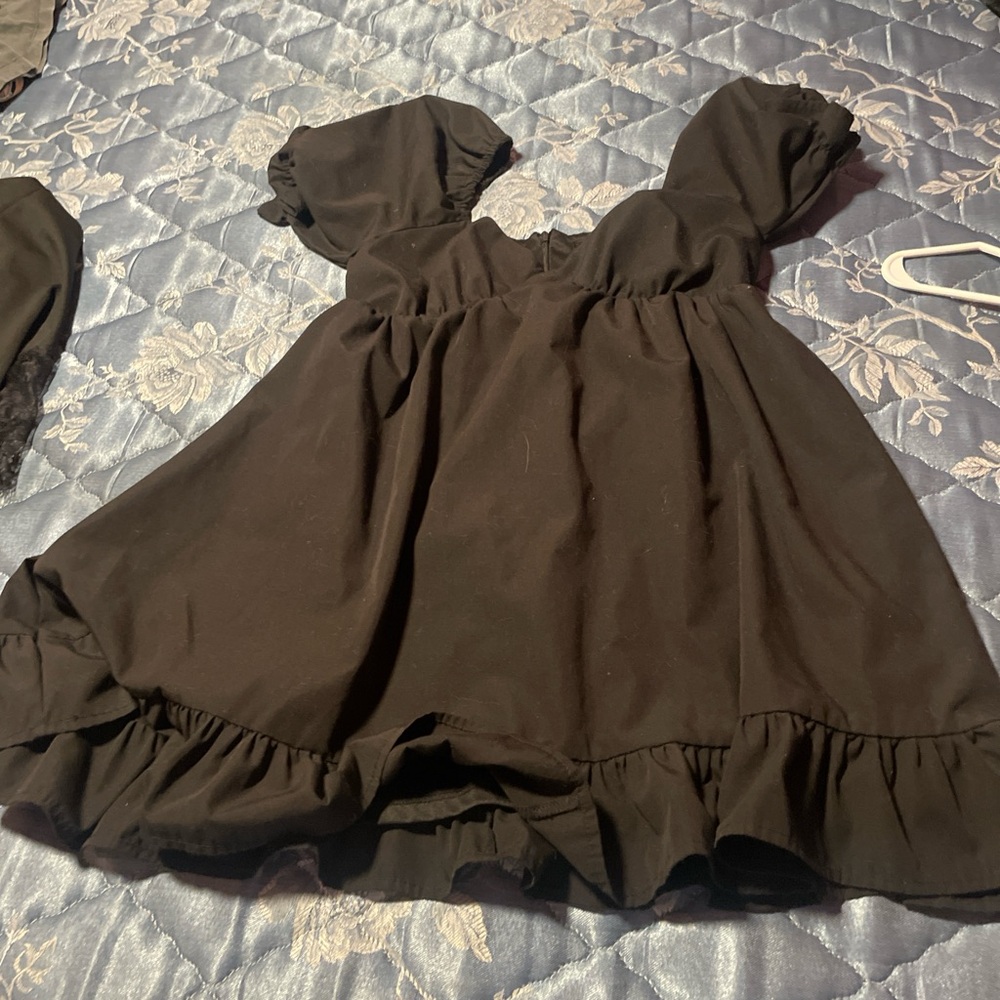 Brown Green Smocked Babydoll Dress with Puff Sleeves